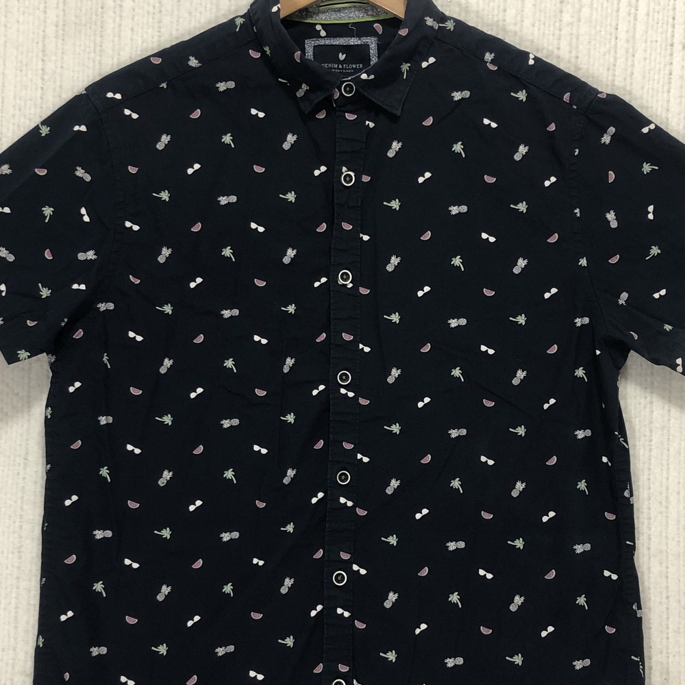 Denim & Flower Ricky Singh Mens Medium Slim Fit Tropical Print Navy Button Down